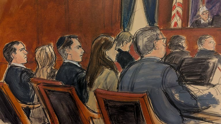 In this courtroom sketch, Alon Alexander, second from left, Oren Alexander, center, and Tal Alexander, watch the jury file out of the courtroom after the verdict was read in Manhattan federal court, Monday, March 9, 2026, in New York.