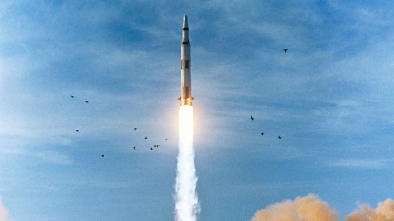 In this December 21, 1968, photo made available by NASA, the Saturn V rocket carrying the Apollo 8 crew launches from the Kennedy Space Centre in Florida.
