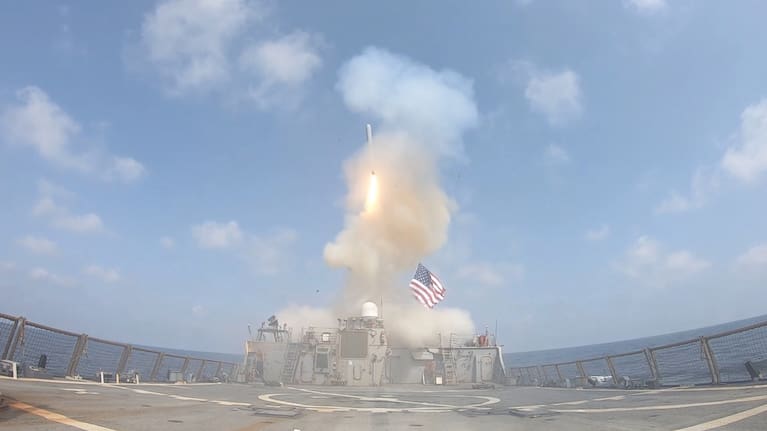 A missile being launched from from a US Navy ship in support of Operation Epic Fury. (Source: U.S. Central Command via AP)
