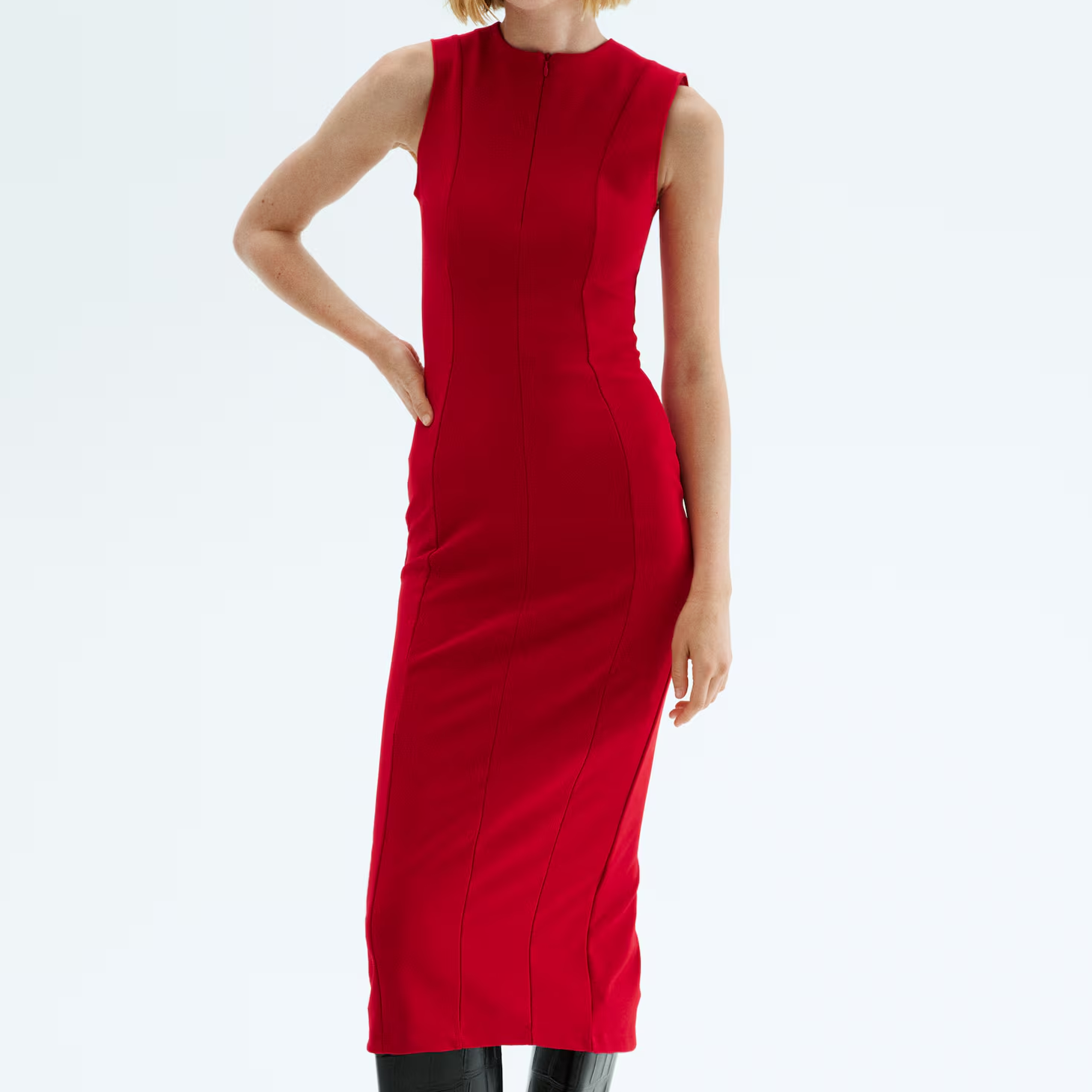 H&amp;M, red fitted midi dress