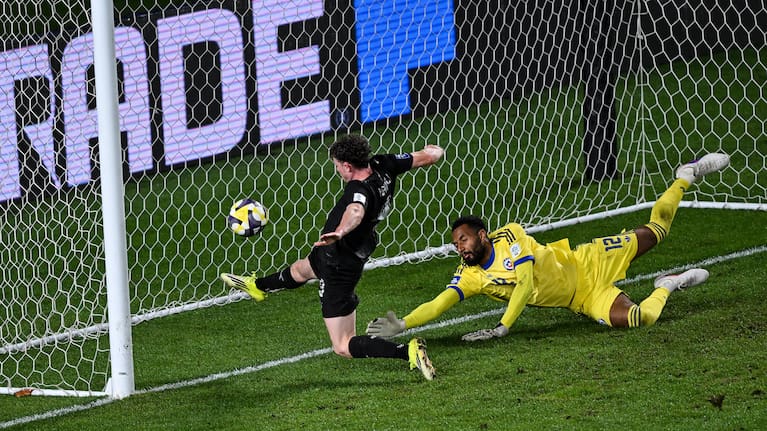 Jesse Randall scores the All Whites third goal against Chile in Auckland.