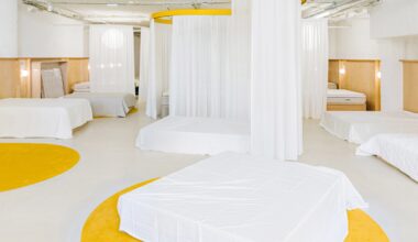 Yellow accents highlight different routes through this mattress store