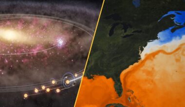 There are two images: on the left is an illustration of suns orbiting a large, gassy mass and on the right we see a heat map of the ocean around North America.