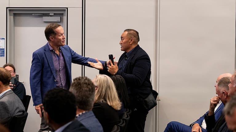 Karl Mokaraka interrupts a speech by Chris Bishop in 2026 