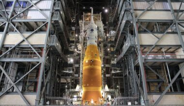 NASA’s Artemis II SLS (Space Launch System) rocket and Orion spacecraft, secured to the mobile launcher, stands vertical inside the Vehicle Assembly building on Tuesday, March 17, 2026, as preparations continue for rollout to Launch Complex 39B at NASA’s Kennedy Space Center in Florida. The Artemis II test flight will take Commander Reid Wiseman, Pilot Victor Glover, and Mission Specialist Christina Koch from NASA, and Mission Specialist Jeremy Hansen from the CSA (Canadian Space Agency), around the Moon and back to Earth with launch opportunities beginning in April 2026.