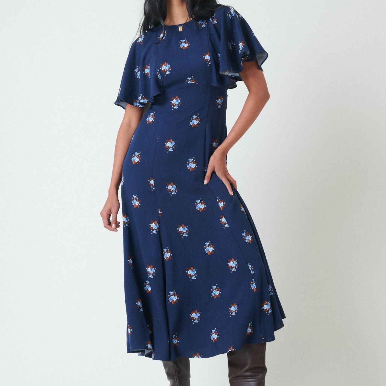 Blue Floral Frill Sleeve Verona Midi Dress