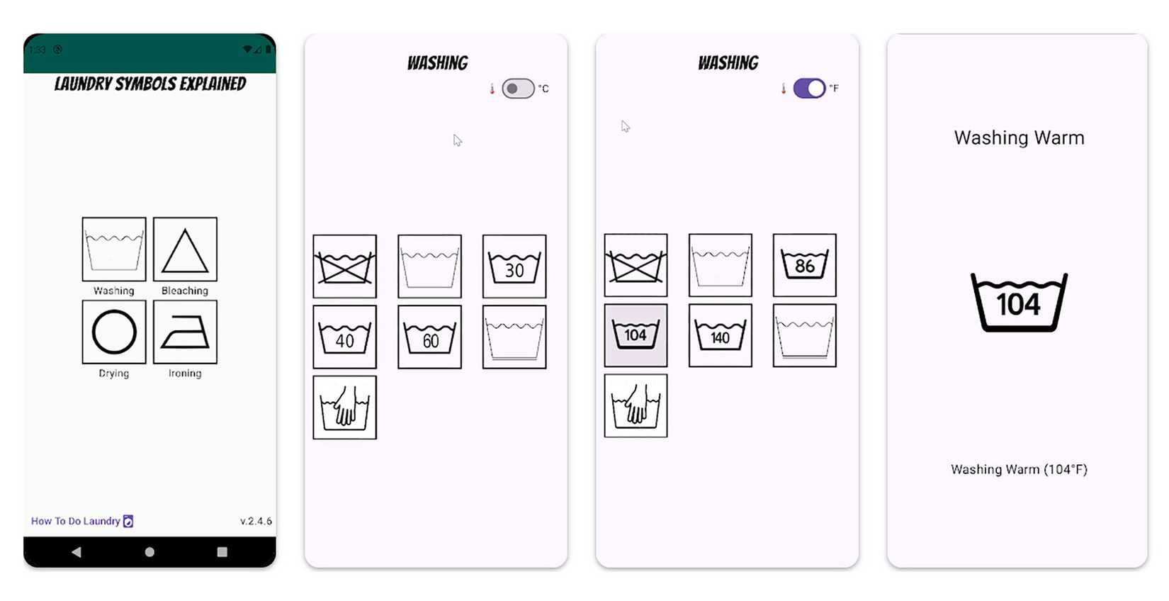 several screens from Laundry Symbols app