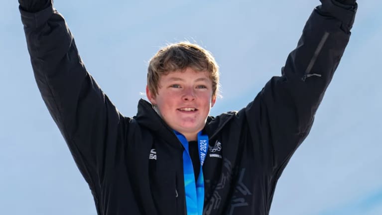 Gold medallist Luke Harrold of New Zealand celebrates on the podium during the Medal Ceremony of the Freestyle Skiing Men’s Freeski Halfpipe at the Winter Youth Olympic Games, South Korea, 2024