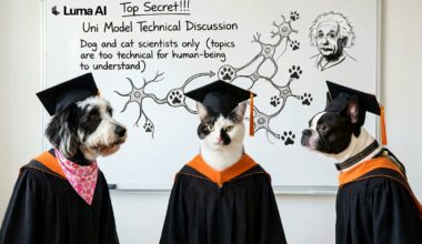 Multiple ordinary pet photos were combined into a single AI-generated scene showing a dog, cat, and Boston Terrier wearing academic regalia in front of a whiteboard with scientific diagrams and the Luma AI logo.