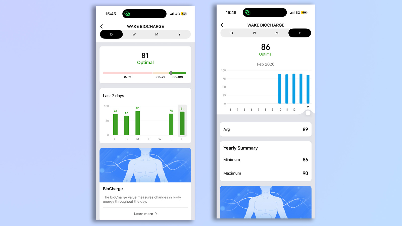two screenshots from the zepp app showing biocharge with the amazfit active 3 premium