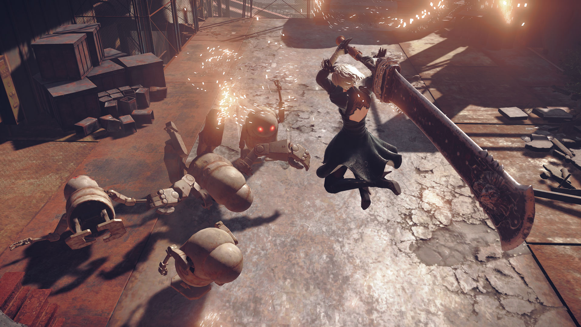 Screenshot from NieR: Automata, showing android 2B attacking a robot with a huge sword.