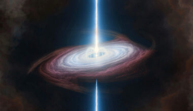 a spinning disk of material with blue-white jets emerging from the center