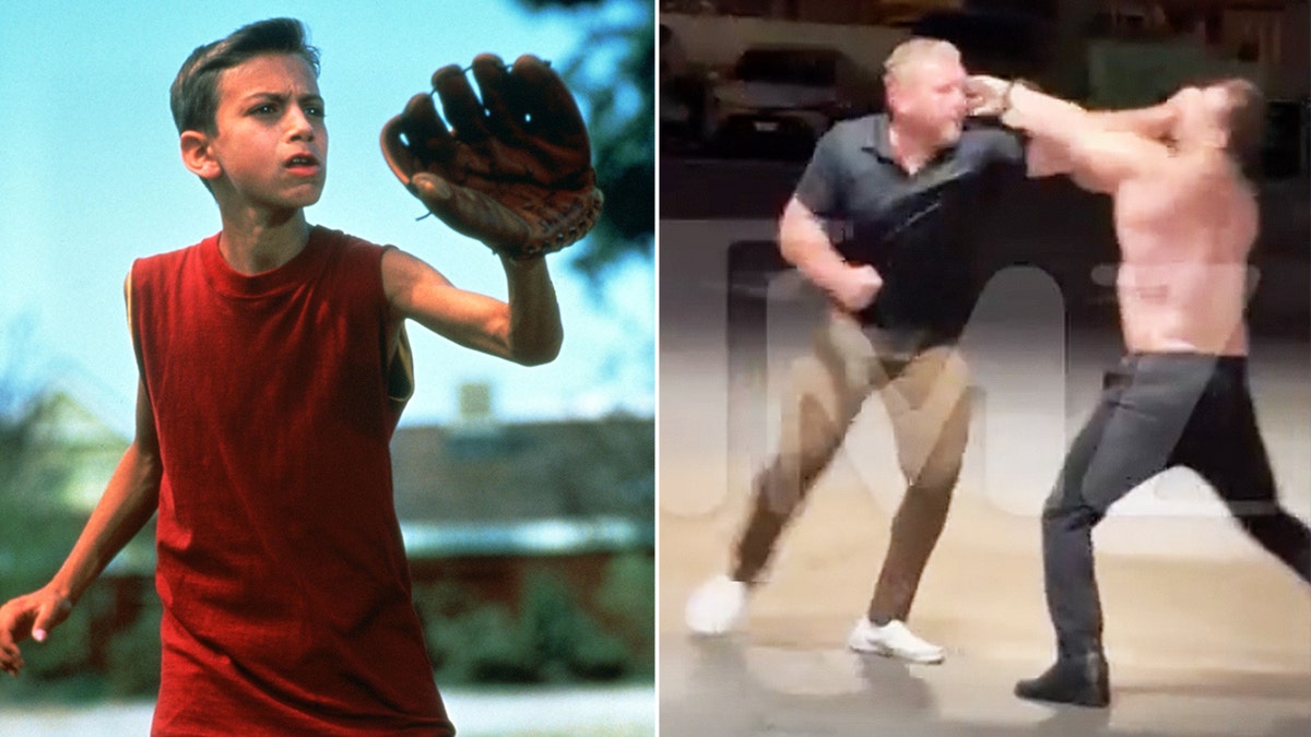 Split photo of Marty York in "Sandlot" and him involved in a fight.