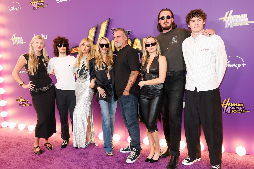Lily-Rose Purcell, Maxx Morando, Miley Cyrus, Tish Cyrus, Dominic Purcell, Brandi Cyrus, Matt Southcombe and Joseph Purcell attend the "Hannah Montana 20th Anniversary Special" premiere