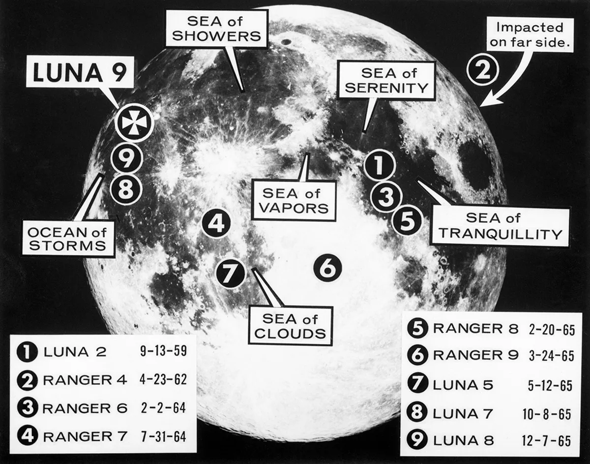 An illustration of the moon showing where Soviet (Luna) and US (Ranger) missions crash landed. Lunar 9 made the first-ever soft landing in 1966. Credit: Bettmann / Getty Images