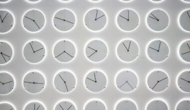 a white wall with many clocks on it