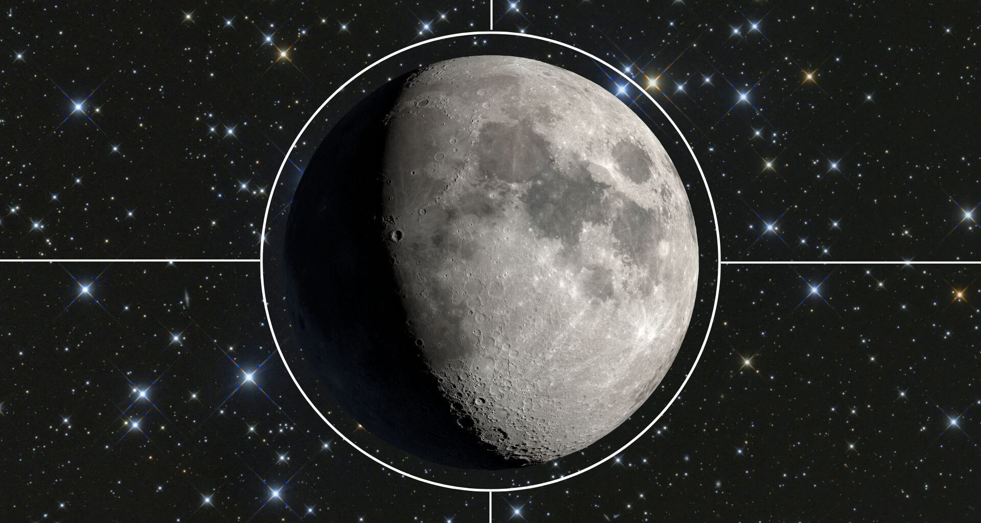 A waxing moon is shown against a sea of stars. The moon is surrounded by a white circle with white lines eminating outward at right angles.