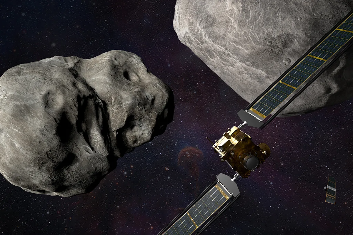 Artist's impression of NASA’s DART spacecraft and the Italian Space Agency’s (ASI) LICIACube. Credit: NASA/Johns Hopkins APL/Steve Gribben