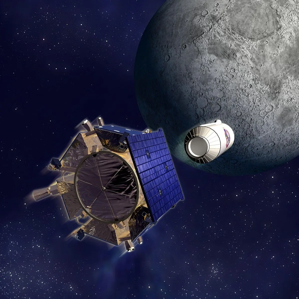 Artist's impression of the LCROSS spacecraft and Centaur separation at the Moon. Credit: NASA