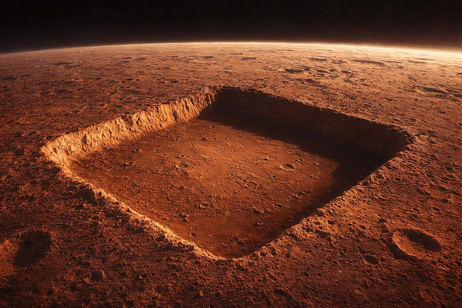 NASA photographed a nearly perfect square with 3 km sides on Mars, 13 times larger than the Great Pyramid of Giza, but the official explanation is natural erosion; still, no one has explained why the four sides have almost identical lengths.