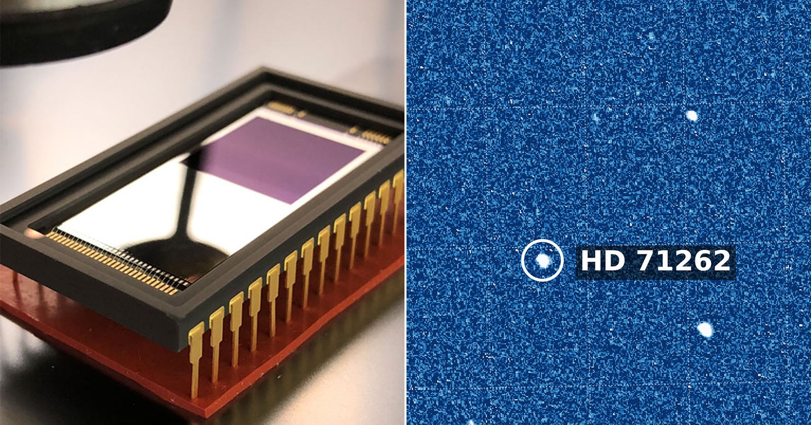 Close-up of an electronic sensor chip (left) and a star field image with a labeled star "HD 71262" circled in white on a blue background (right).