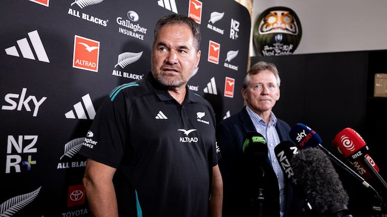 New All Blacks head coach Dave Rennie faces the media alongside NZ Rugby chairman David Kirk.