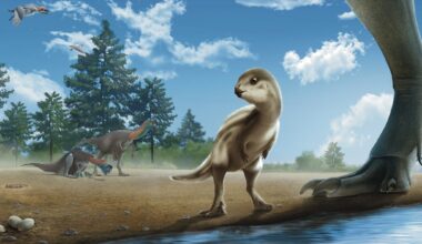 An artists reconstruction of the new dinosaur stood on a mudflat next to the leg of a towering theropod.