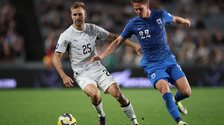Andre de Jong of New Zealand is challenged by Onni Valakari of Finland during the FIFA Series match between New Zealand All Whites and Finland at Eden Park on March 27, 2026 in Auckland, New Zealand. 