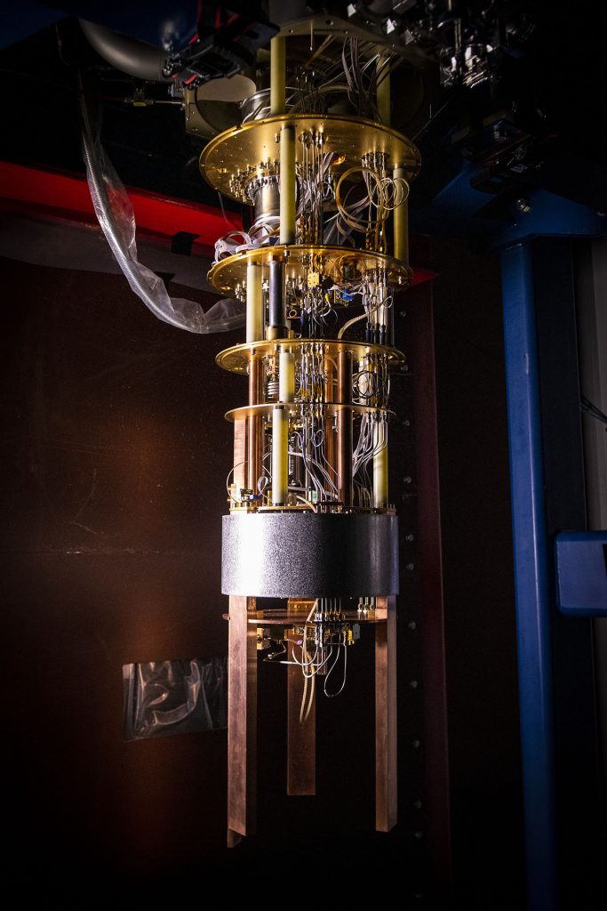 A dilution refrigerator installed in the underground NEXUS laboratory at Fermilab. To isolate the effects of gamma radiation on the quantum bits stored inside the refrigerator, scientists enclosed it in a lead shield. Credit: Ryan Postel, Fermilab