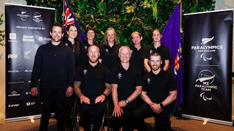 The NZ Paralympic team ahead of the Milano Cortina 2026 Paralympic Winter Games. In the front row from left to right are Adam Hall, Corey Peters, Daniel Bogue (Head Coach) and Sam Lynch (Assistant Coach). 