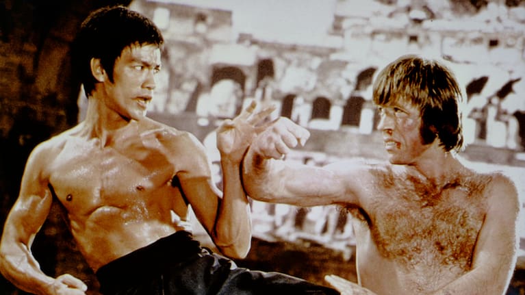 Chuck Norris with Bruce Lee on the set of his movie Meng Long Guo Jiang (The Way of the Dragon).