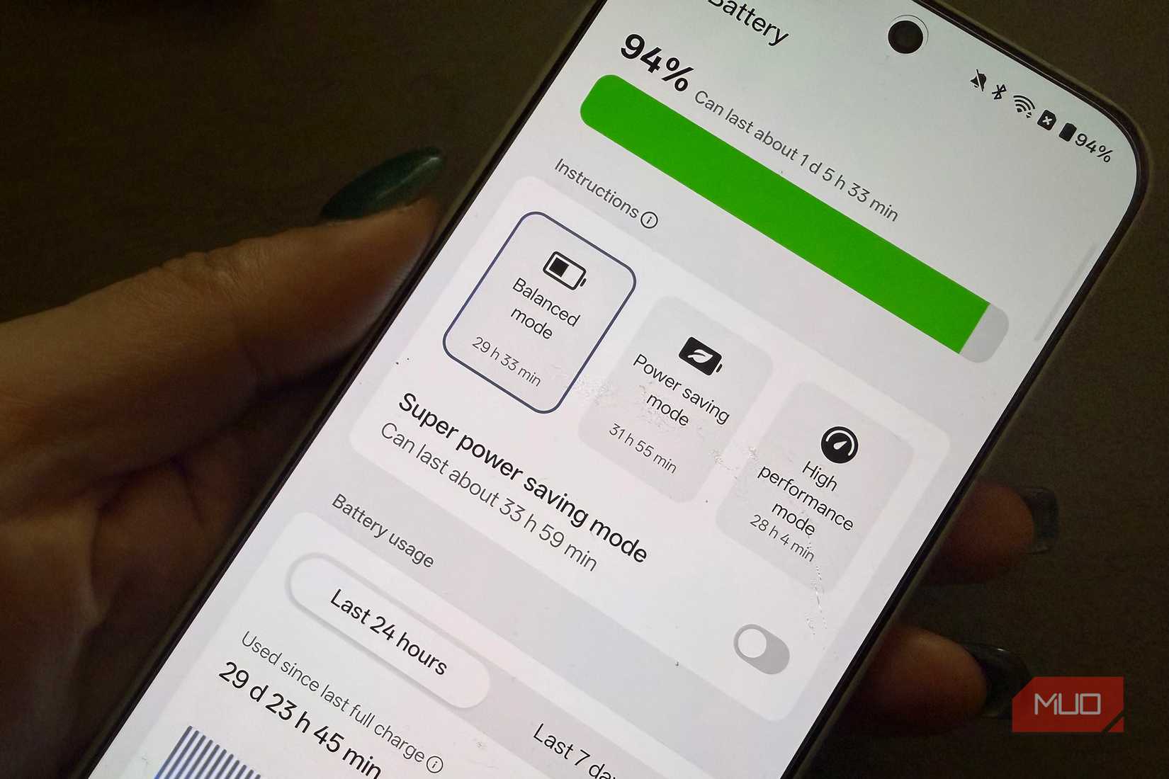 A close-up of the power saving mode options in the OnePlus 15