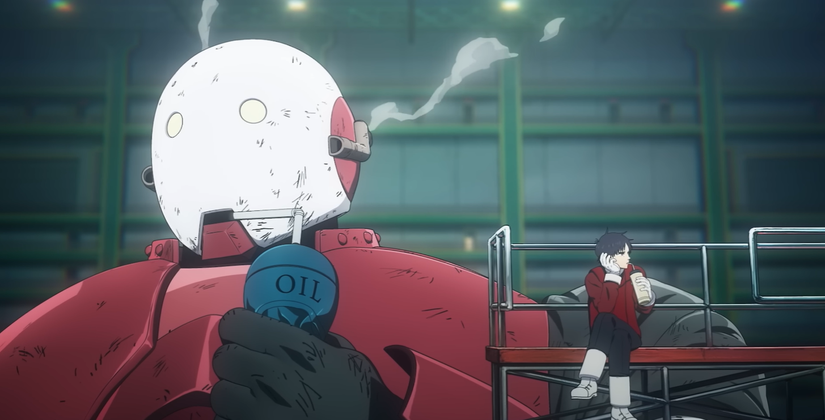 A child sips on a drink while his giant mecha friend drinks oil in Snowball Earth