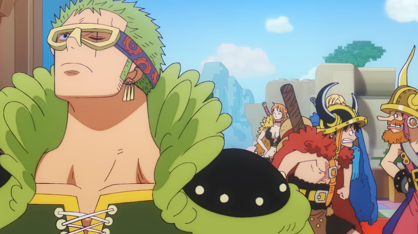 A green haired man looks distracted as his crew fight in the background in One Piece