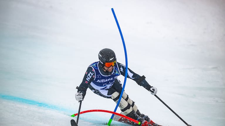 Adam Hall of Team New Zealand competes during the Alpine Skiing Men's Slalom Standing Run 1 on day nine of the Milano Cortina 2026 Winter Paralympic Games at Tofane Alpine Skiing Centre.