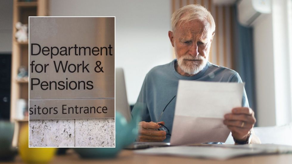 Pensioner looking at letter and DWP sign