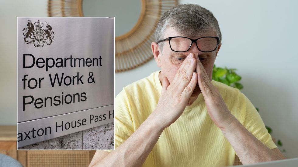 Pensioner looking worried and DWP sign