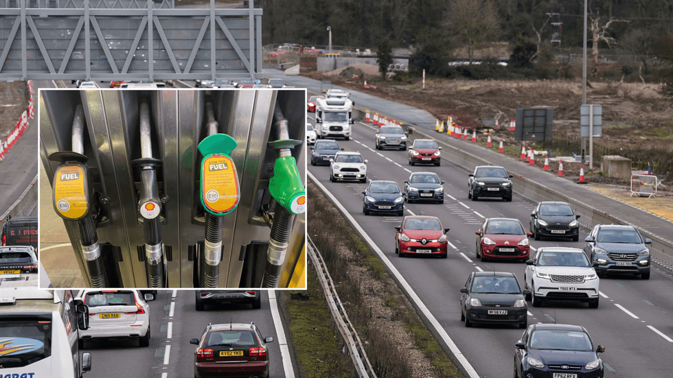 Petrol and diesel pumps on UK road background