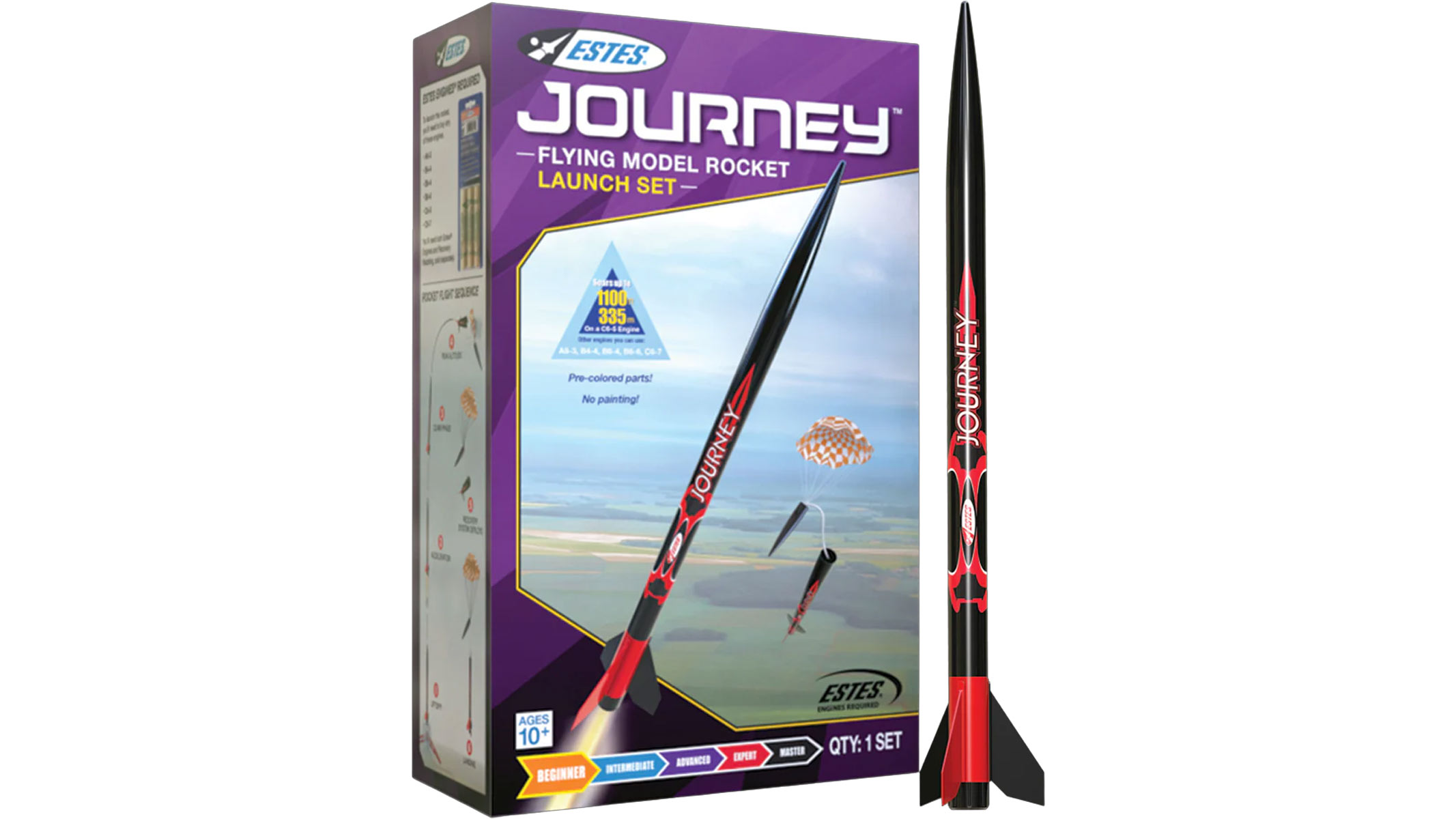 A black and red rocket, long and slender, is standing upright next to a purple box on a white background.