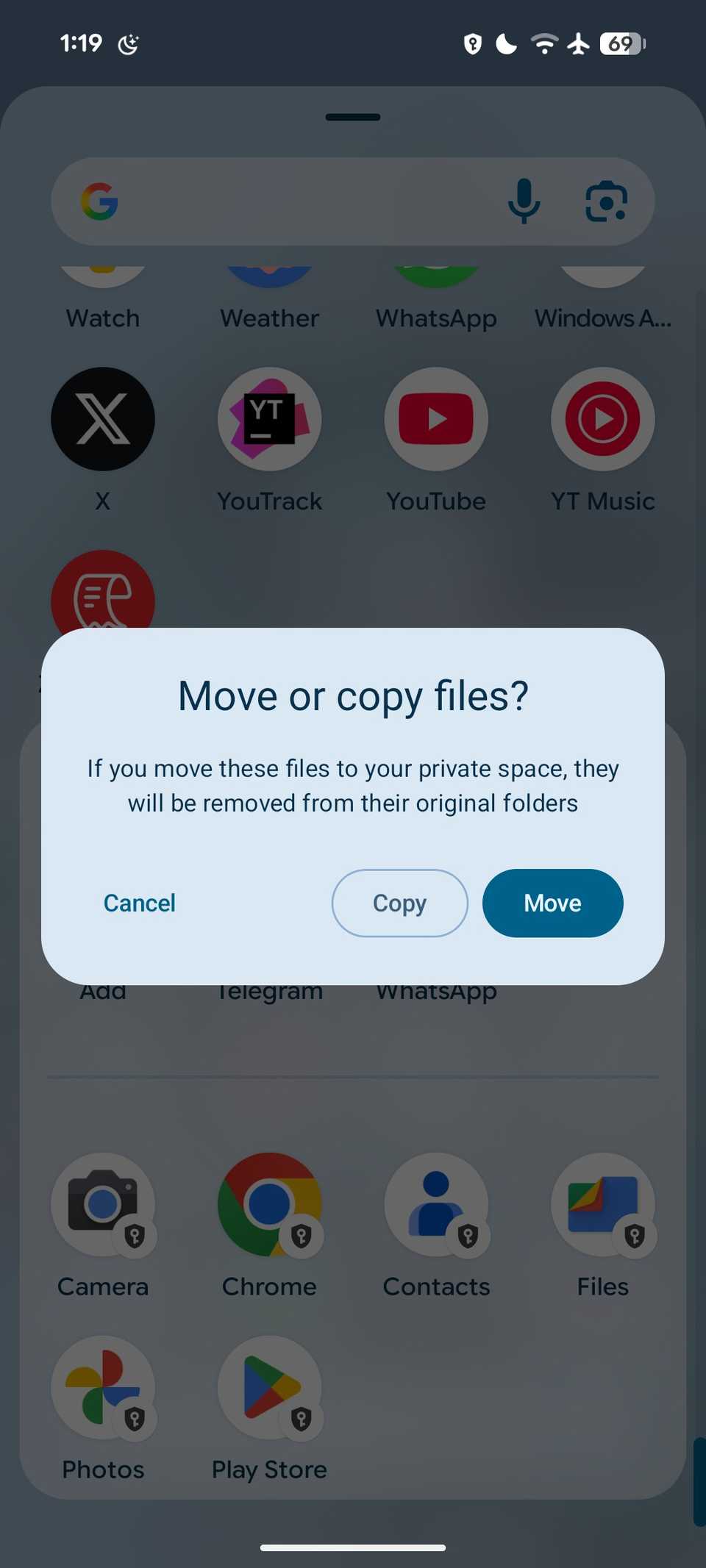 Move or copy files in Private Space