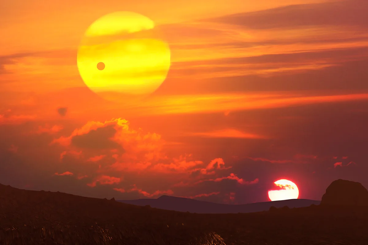 Alien planet with a double sunrise. Credit: Mark Garlick/Science Photo Library/Getty Images
