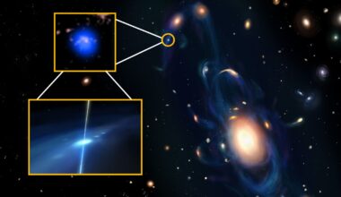 Graphic showing a neutron star collision illustration, the tiny galaxy's location and the giant stream of gas that holds the galaxy