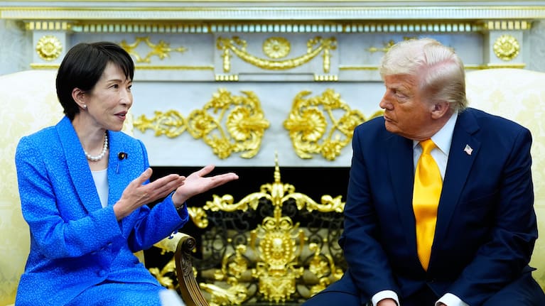 President Donald Trump speaks during a meeting with Japan's Prime Minister Sanae Takaichi in the Oval Office of the White House.