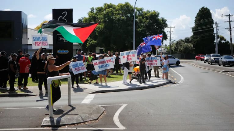Protests outside the forum of Winston Peters speech.