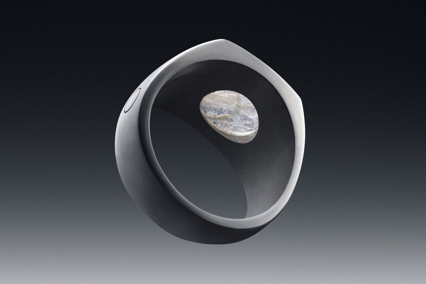 Image of the underside of the Quartz ring, showing the intricate patterns within the stone embedded in a cut-out on the top