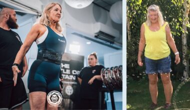 Kitty Duffy at powerlifting competition next to Kitty 10 years ago in garden