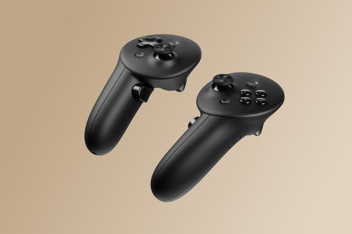 radio times steam controllers The Steam Frame virtual reality headset controllers against a light-brown backdrop.