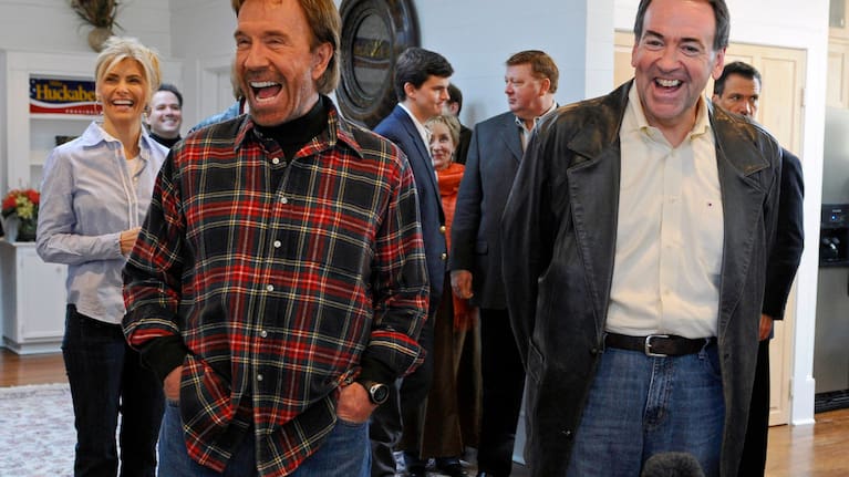 Republican presidential hopeful, former Arkansas Governor Mike Huckabee, right, appears with actor Chuck Norris on January 20, 2008 in Navasota, Texas.