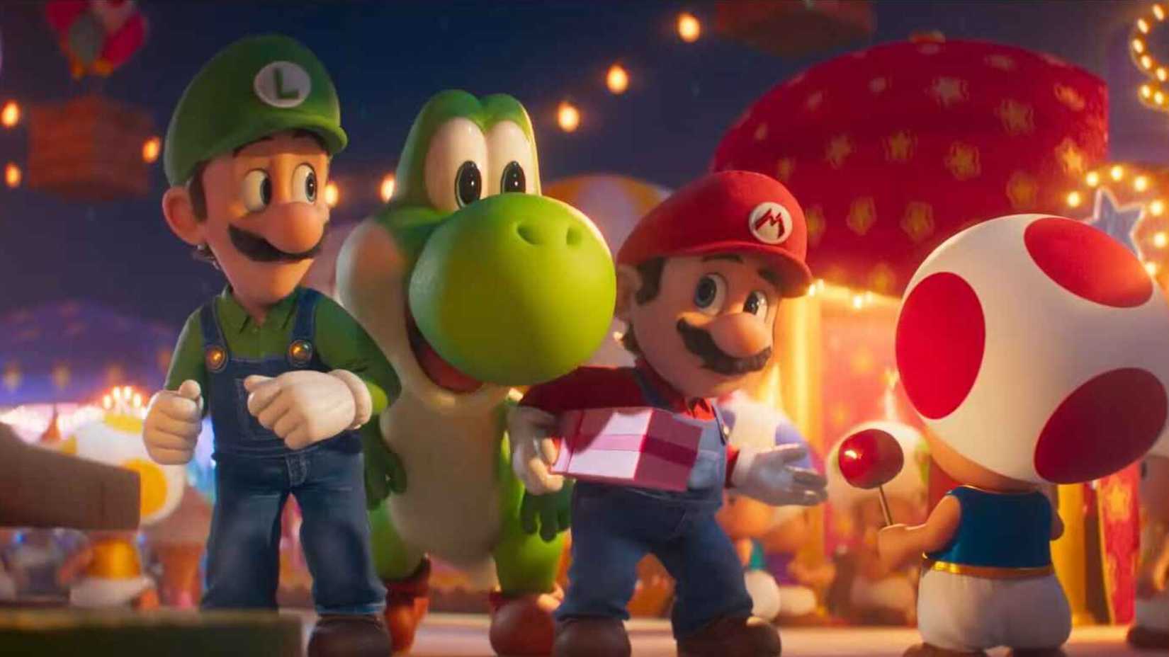 Yoshi, Mario, and Luigi, standing in front of Toad in the Super Mario Galaxy Movie