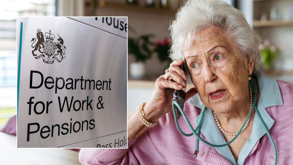 Retiree on the phone and DWP sign